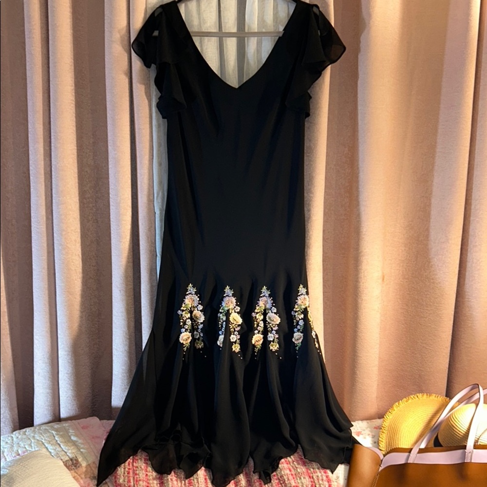 Vintage S.L. Fashions Size 12 Black Floral Embellished Midi Dress